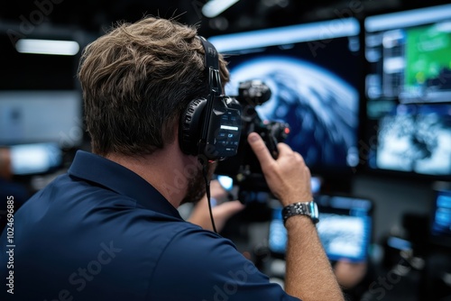 A meteorologist intensely analyzes storm data in an operations center, highlighting the critical role of technology and expertise in tracking and predicting severe weather conditions.