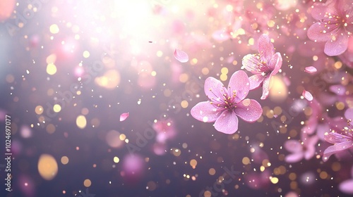   Pink flowers floating in the air with light emanating from the top