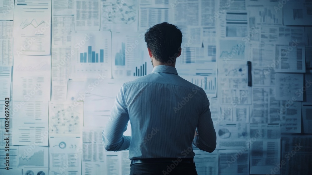 Analyst scrutinizes spreadsheets. Analyst scrutinizes spreadsheets.