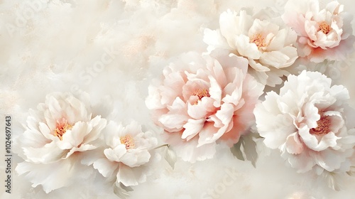 Fototapeta Naklejka Na Ścianę i Meble -  Soft watercolor peonies in delicate pastel pink and white tones, loosely arranged and floating gracefully on a light beige background 