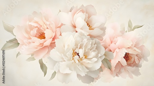 Soft watercolor peonies in delicate pastel pink and white tones, loosely arranged and floating gracefully on a light beige background 