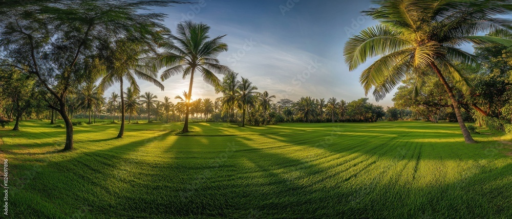 Obraz premium Palm Trees and Lush Green Grass in a Tropical Setting