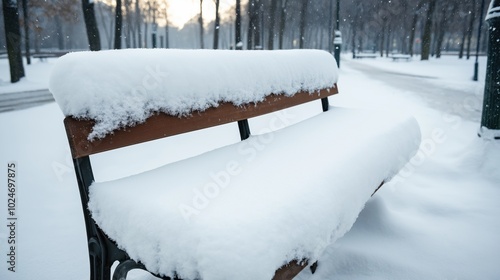 Wallpaper Mural A park bench covered in thick snow on a winter day in a snow-covered park with trees and a pathway. Torontodigital.ca
