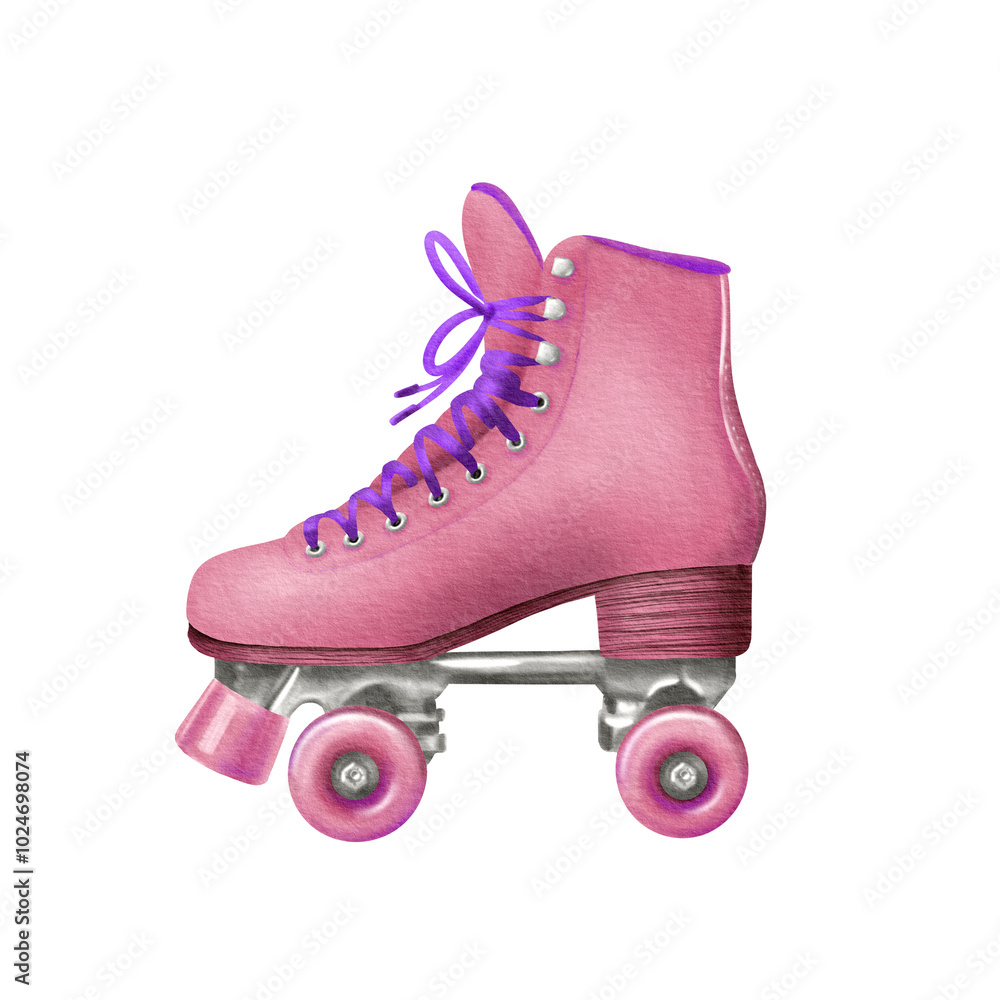 Retro style roller skates in pink acid color with purple shoe laces as a symbol of 80s 90s, nostalgia and youth. Realistic style watercolor illustration isolated on white background Retro style roller skates in pink acid color with purple shoe laces as a symbol of 80s 90s, nostalgia and youth. Realistic style watercolor illustration isolated on white background