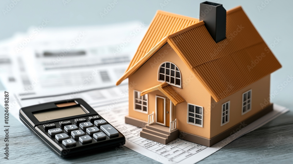 Miniature house model on financial documents with a calculator symbolizing real estate investment and mortgage finances. Miniature house model on financial documents with a calculator symbolizing real estate investment and mortgage finances.