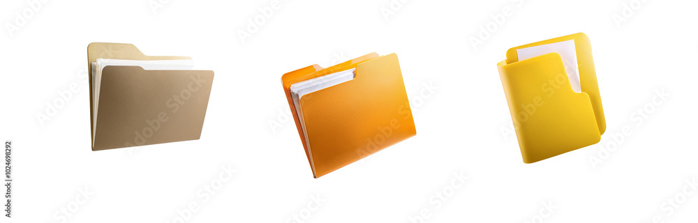Three folders with papers in them, the left folder is tan and the right two folders are various shades of yellow. Three folders with papers in them, the left folder is tan and the right two folders are various shades of yellow.