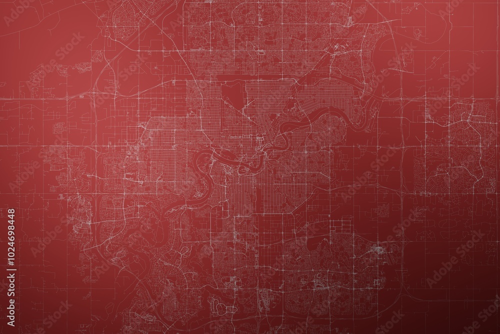 Map of the streets of Edmonton (Canada) made with white lines on abstract red background lit by two lights. Top view. 3d render, illustration Map of the streets of Edmonton (Canada) made with white lines on abstract red background lit by two lights. Top view. 3d render, illustration