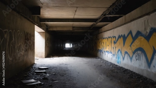 Wallpaper Mural Graffiti-covered Underground Passage: A dimly lit underground tunnel, marked by graffiti-covered walls and a broken bicycle leaning against the concrete wall. Torontodigital.ca