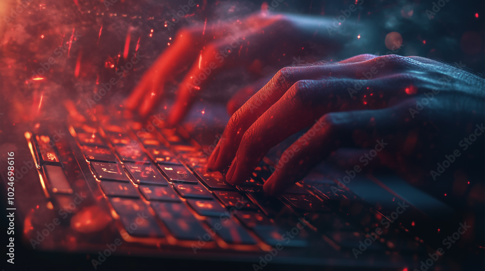 A person is typing on a keyboard with their hands. Concept of focus and concentration as the person types. The darkness of the image adds to the mood, making it feel more intense and serious A person is typing on a keyboard with their hands. Concept of focus and concentration as the person types. The darkness of the image adds to the mood, making it feel more intense and serious
