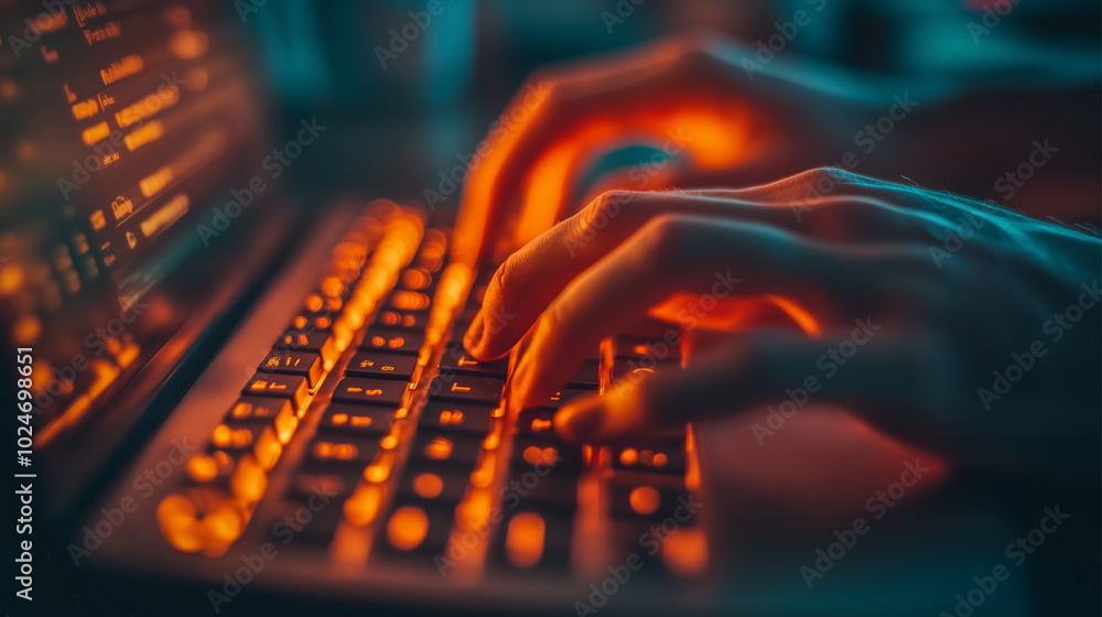 A person is typing on a keyboard with their hands. Concept of focus and concentration as the person types. The darkness of the image adds to the mood, making it feel more intense and serious A person is typing on a keyboard with their hands. Concept of focus and concentration as the person types. The darkness of the image adds to the mood, making it feel more intense and serious