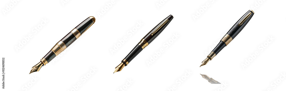 Three fountain pens with black bodies and gold accents displayed against a white background. Three fountain pens with black bodies and gold accents displayed against a white background.
