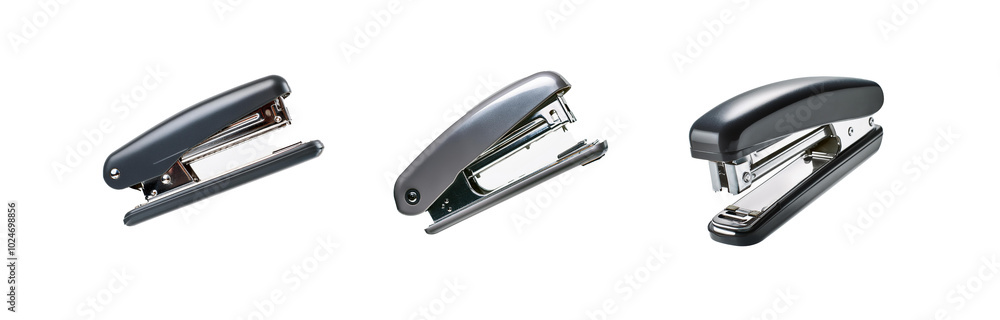 Three different colored staplers isolated on a white background. Three different colored staplers isolated on a white background.