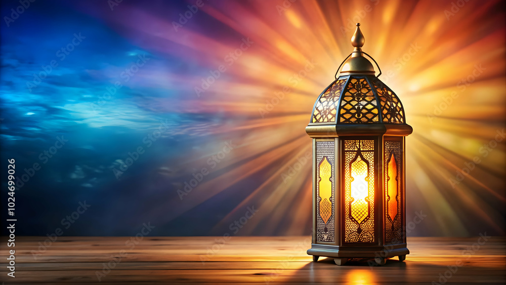 A traditional Arabic lantern glows on a wooden surface against a sunset backdrop. A traditional Arabic lantern glows on a wooden surface against a sunset backdrop.