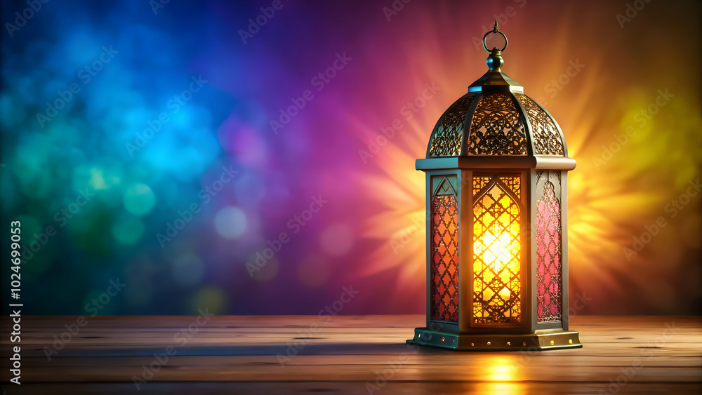 A traditional Arabic lantern glows on a wooden surface against a sunset backdrop. A traditional Arabic lantern glows on a wooden surface against a sunset backdrop.