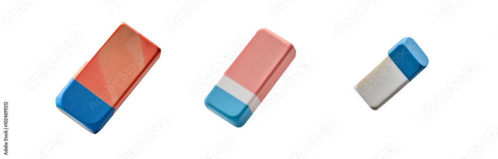 Three rectangular erasers with different color combinations on a white background. Three rectangular erasers with different color combinations on a white background.