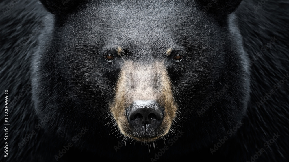 Close-up portrait of a black bear showcasing its intense gaze and detailed facial features, capturing the texture of its fur and the light in its eyes. Close-up portrait of a black bear showcasing its intense gaze and detailed facial features, capturing the texture of its fur and the light in its eyes.