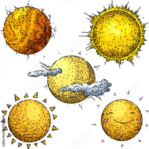 sun set hand drawn. sunshine rays, energy star, heliosphere photosynthesis sun vector sketch. isolated color illustration