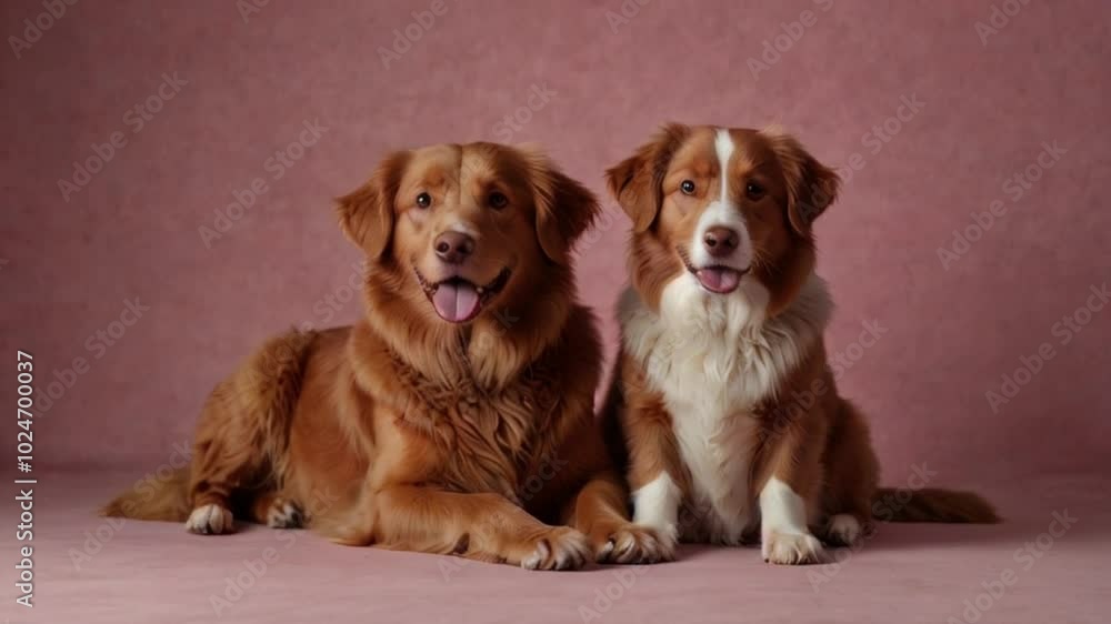 Two friendly brown and white dogs are pictured against a pink background. Two friendly brown and white dogs are pictured against a pink background.