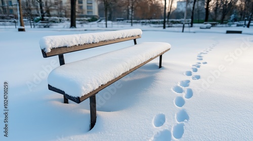 Wallpaper Mural A snow-covered bench in a park with a clear set of footprints leading up to it, surrounded by undisturbed snow and trees, during winter. Torontodigital.ca