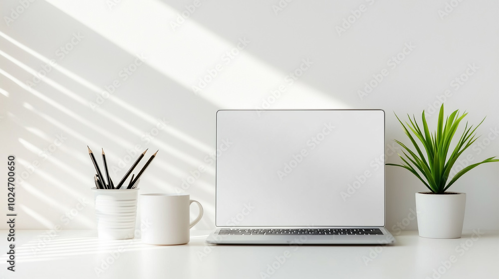 A laptop is on a desk next to a plant and two cups. The scene is simple and clean, with a focus on the laptop and the plant A laptop is on a desk next to a plant and two cups. The scene is simple and clean, with a focus on the laptop and the plant