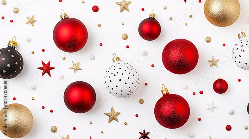 A festive flat lay arrangement of Christmas ornaments featuring red, black, white, and gold baubles, glittering stars, and small decorative balls scattered across a white background, creating a cheerf photo