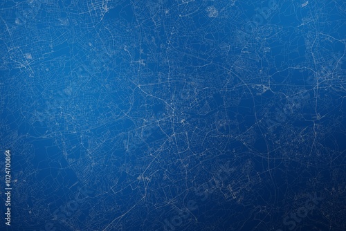 Stylized map of the streets of Bochum (Germany) made with white lines on abstract blue background lit by two lights. Top view. 3d render, illustration photo