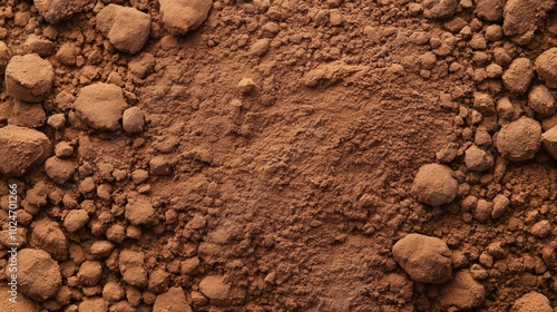 Close-up image of a surface covered with fine cocoa powder and small clumps, showcasing its rich brown texture and uneven distribution.