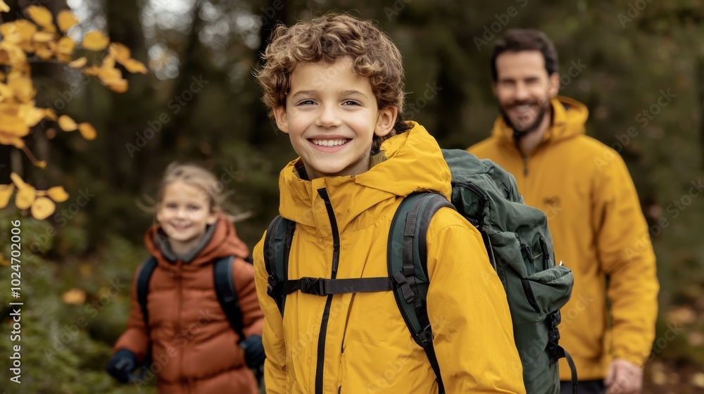 family hiking through wooded area during peak autumn. cheerful boy in yellow jacket smiles brightly, while his sister and father enjoy beautiful scenery family hiking through wooded area during peak autumn. cheerful boy in yellow jacket smiles brightly, while his sister and father enjoy beautiful scenery