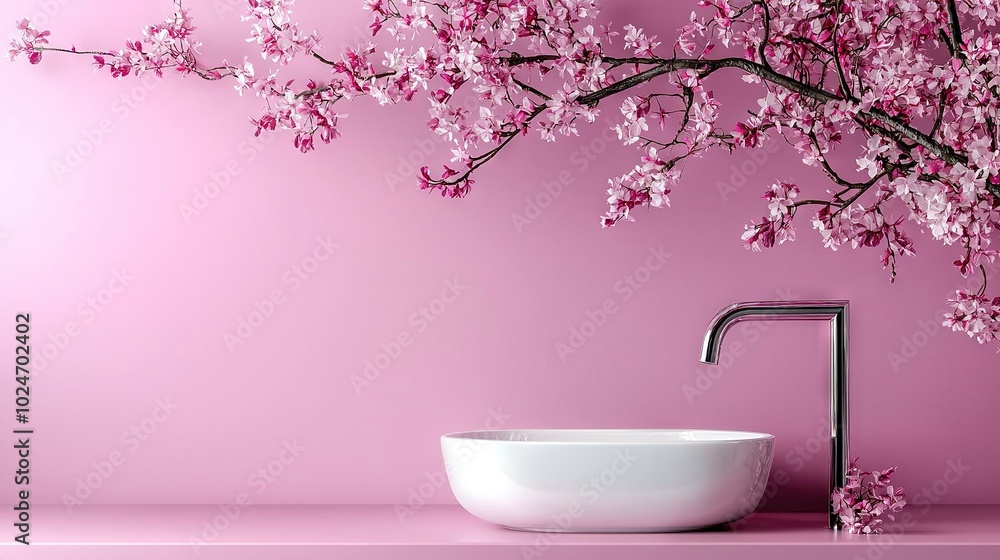 A white bowl rests atop a kitchen counter adjacent to a faucet and a bouquet of pink blossoms A white bowl rests atop a kitchen counter adjacent to a faucet and a bouquet of pink blossoms