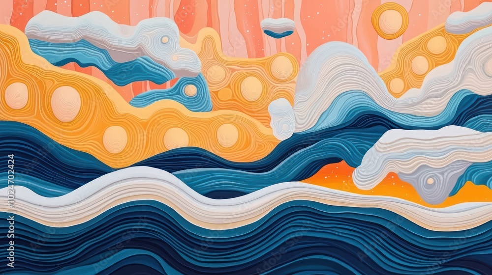 Abstract landscape featuring waves, clouds, and circular shapes in vibrant colors. Abstract landscape featuring waves, clouds, and circular shapes in vibrant colors.