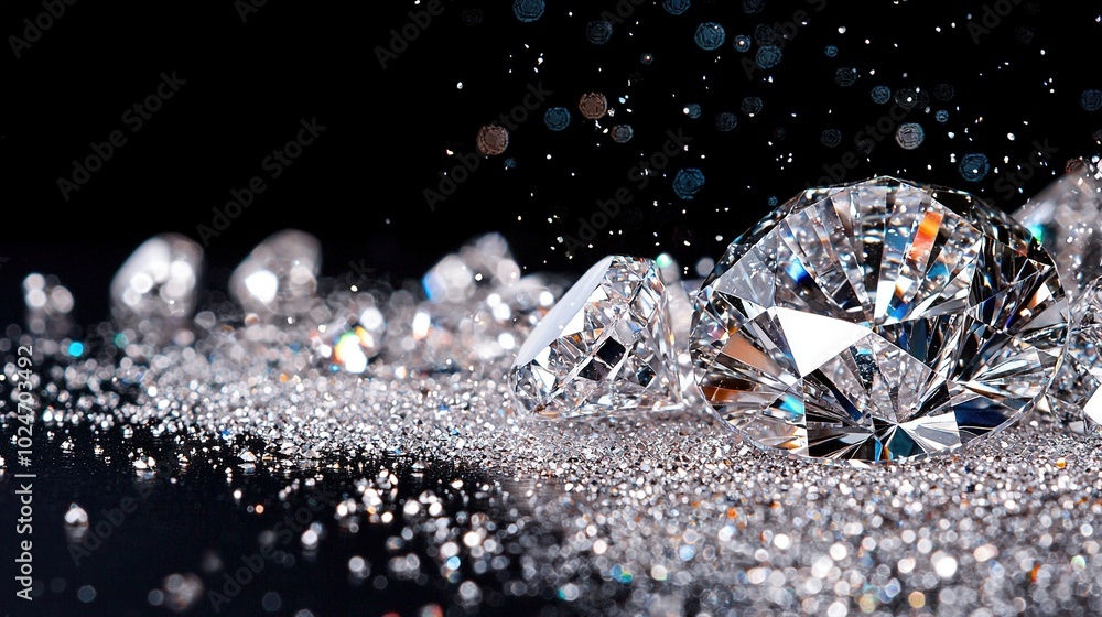 A close-up of a diamond on a black surface, surrounded by many scattered diamonds A close-up of a diamond on a black surface, surrounded by many scattered diamonds
