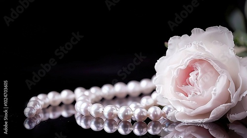  A white rose atop a black table beside pearls and beaded necklace