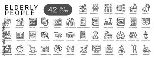 elderly people activities line icons, life hair home health grey