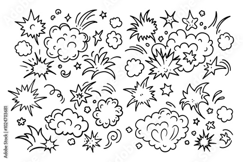 doodle comic explosive elements pack, fun excitement, pow boom bang crash