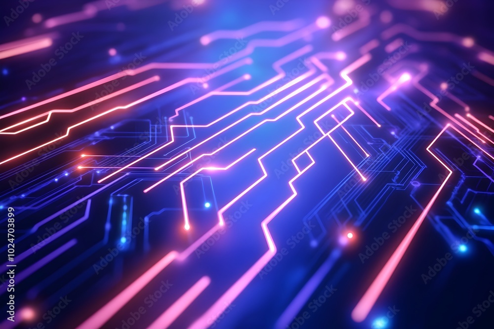 Fototapeta premium Glowing Neon Circuits and Geometric Patterns Evoking Futuristic High Tech Atmosphere