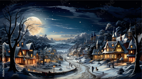 Cartoon art of a winter night city with ancient architecture with snowdrifts, lights on in the windows, people walking along the streets in the light of the moon. New Year and Christmas in the city.