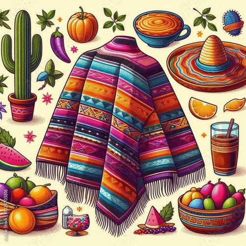 Mexico: Serapes: A colorful, woven blanket often used as a shawl or poncho. illustration.	 photo