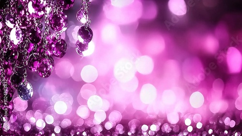   A photo of closely focused beads dangling on a chain against a purple and white blurred background