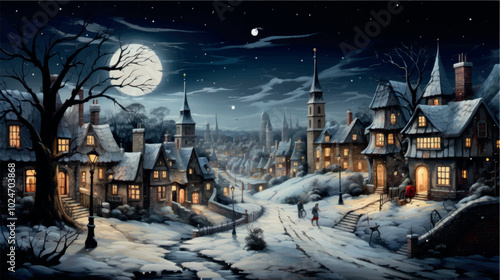 Cartoon art of a winter night city with ancient architecture with snowdrifts, lights on in the windows, people walking along the streets in the light of the moon. New Year and Christmas in the city.