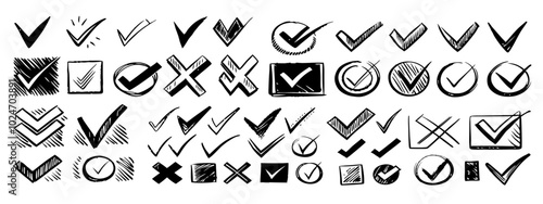 check marks crosses doodle style collection, correct incorrect approve deny