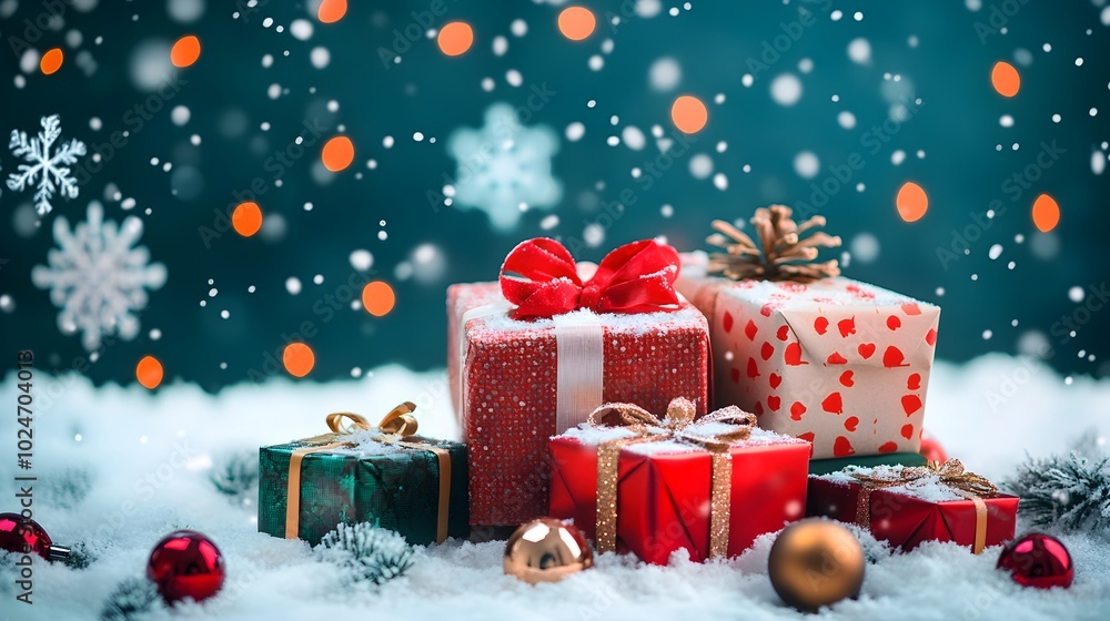 A charming winter wonderland scene featuring neatly arranged Christmas gifts in various sizes and vibrant colors, complemented by snowflakes, holiday decorations, and a cozy ambiance for a festive A charming winter wonderland scene featuring neatly arranged Christmas gifts in various sizes and vibrant colors, complemented by snowflakes, holiday decorations, and a cozy ambiance for a festive