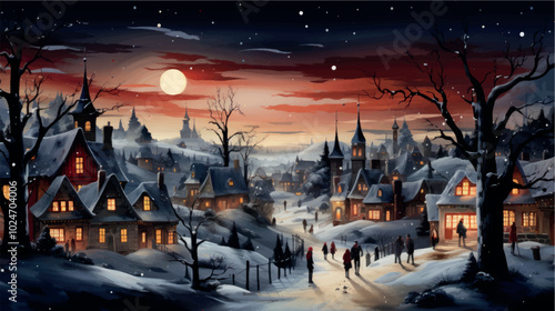 Cartoon art of a winter night city with ancient architecture with snowdrifts, lights on in the windows, people walking along the streets in the light of the moon. New Year and Christmas in the city.