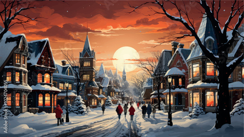 Cartoon art of a winter night city with ancient architecture with snowdrifts, lights on in the windows, people walking along the streets in the light of the moon. New Year and Christmas in the city.