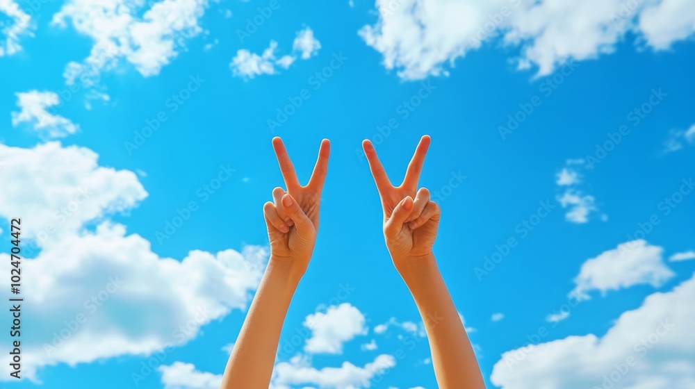 Peace sign made by hands with blue sky in background. Peace sign made by hands with blue sky in background.