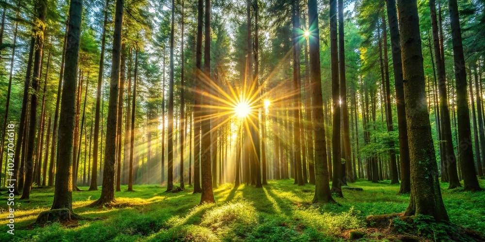 Naklejka premium Sunny forest with sunlight filtering through trees