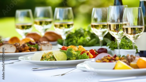 Elegant outdoor dining setup with white wine and fresh salads, AI