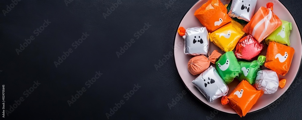 Assorted wrapped candies on a plate with ghost patterns, Halloween candy arrangement, concept Assorted wrapped candies on a plate with ghost patterns, Halloween candy arrangement, concept