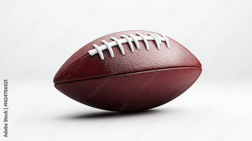 Close-up of an American football with white laces isolated on a white background, highlighting the texture and detailed stitching of the ball. Close-up of an American football with white laces isolated on a white background, highlighting the texture and detailed stitching of the ball.
