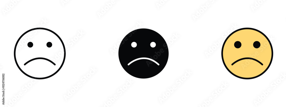 Sad icon in outline, silhouette and editable colors in unexpandable vector form, sad face icons set in different editable styles Sad icon in outline, silhouette and editable colors in unexpandable vector form, sad face icons set in different editable styles