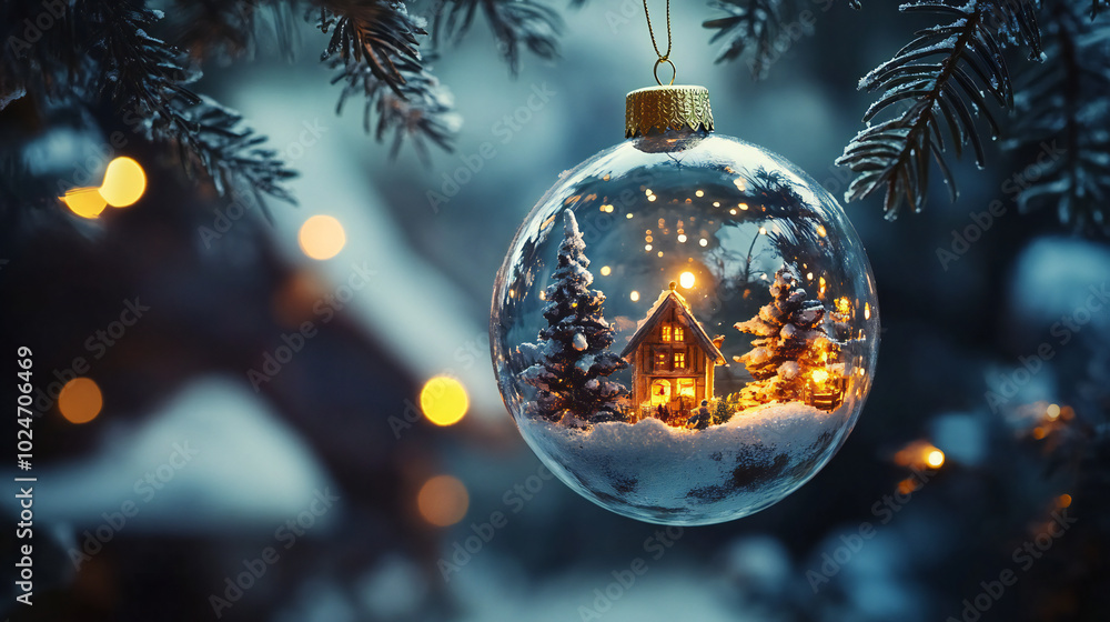 A delicate Christmas ornament showcases a glowing miniature cabin surrounded by snow-covered trees, creating a magical winter scene. A delicate Christmas ornament showcases a glowing miniature cabin surrounded by snow-covered trees, creating a magical winter scene.